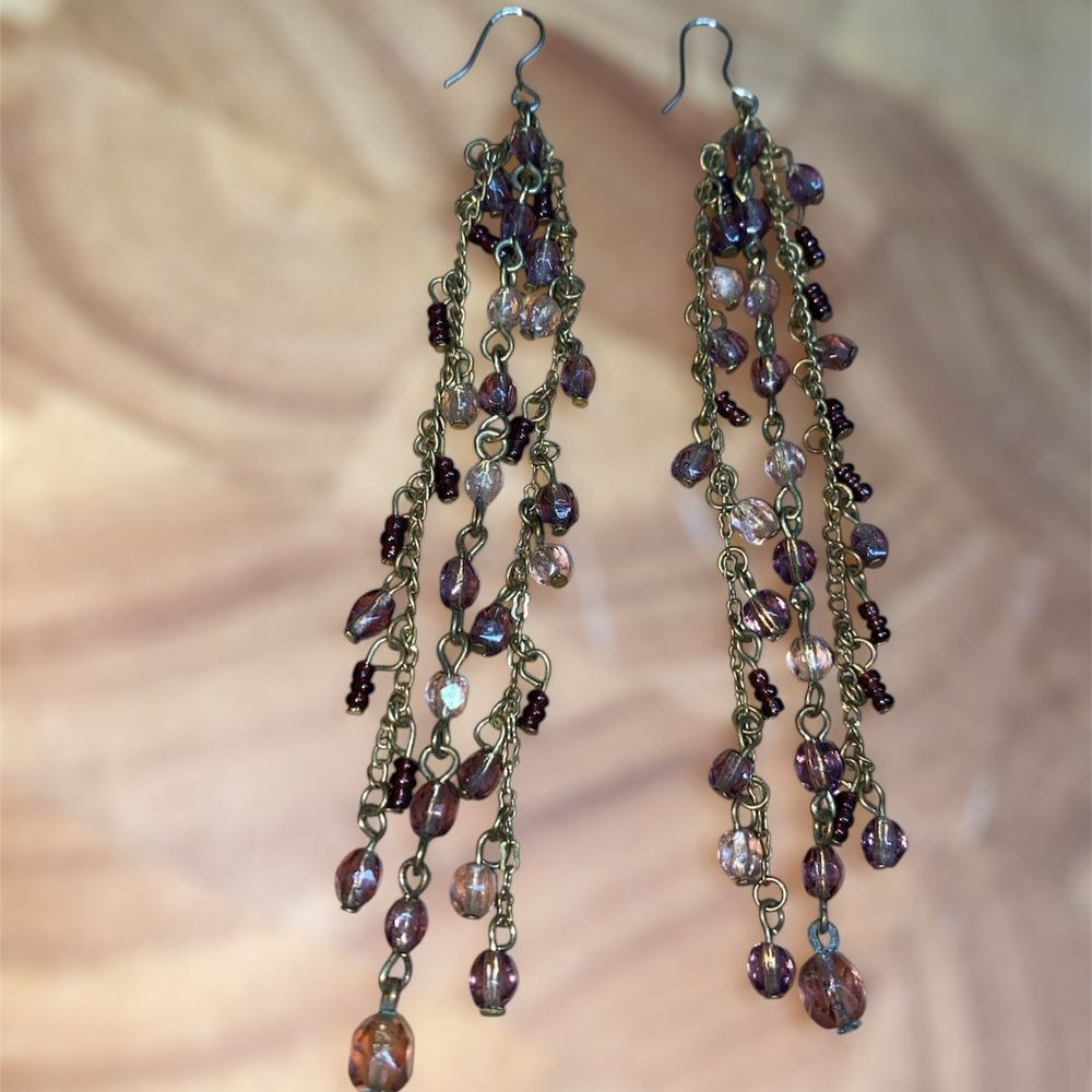 * amethyst bead and chain dangle earrings 4” long